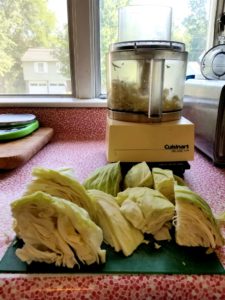 preparing chunks of cabbage for the food processor.