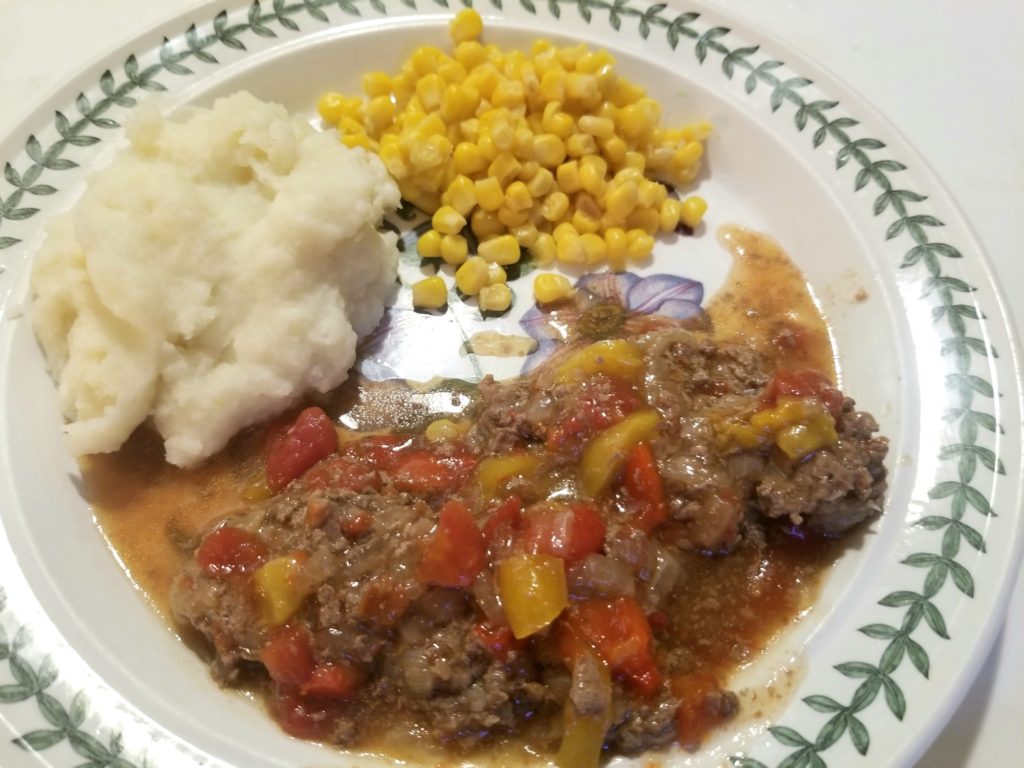 Swiss Steak with mashed potatoes and corn