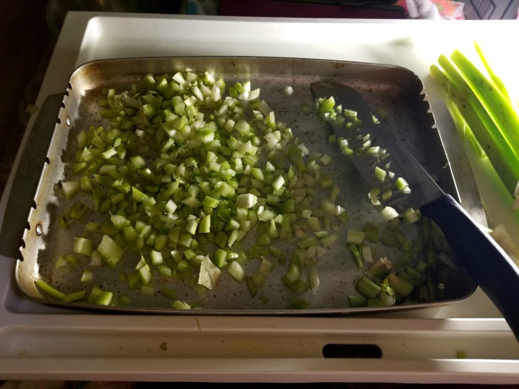 Chopping celery in the dark on a tray table on my bed with my husband holding a drop light.