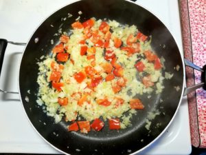 Saute onion, garlic, red bell pepper and jalapeno