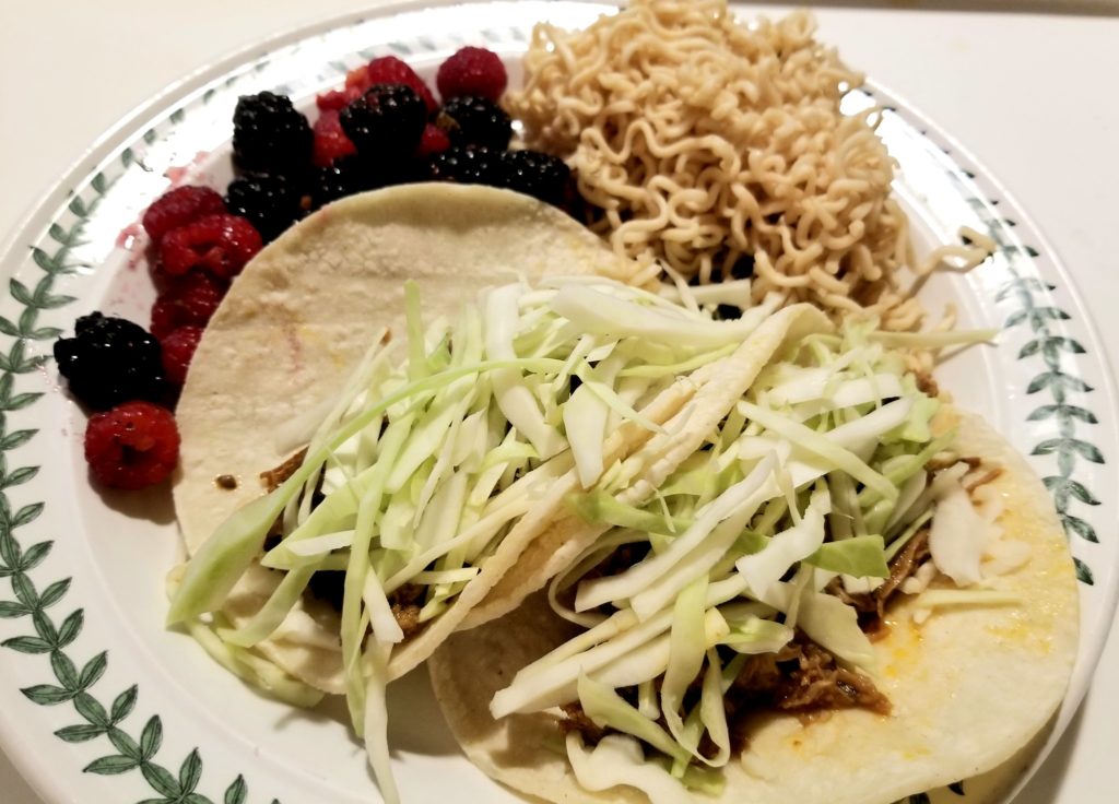 Korean pulled Pork Tacos, Peanut Noodles, Berry Salad.